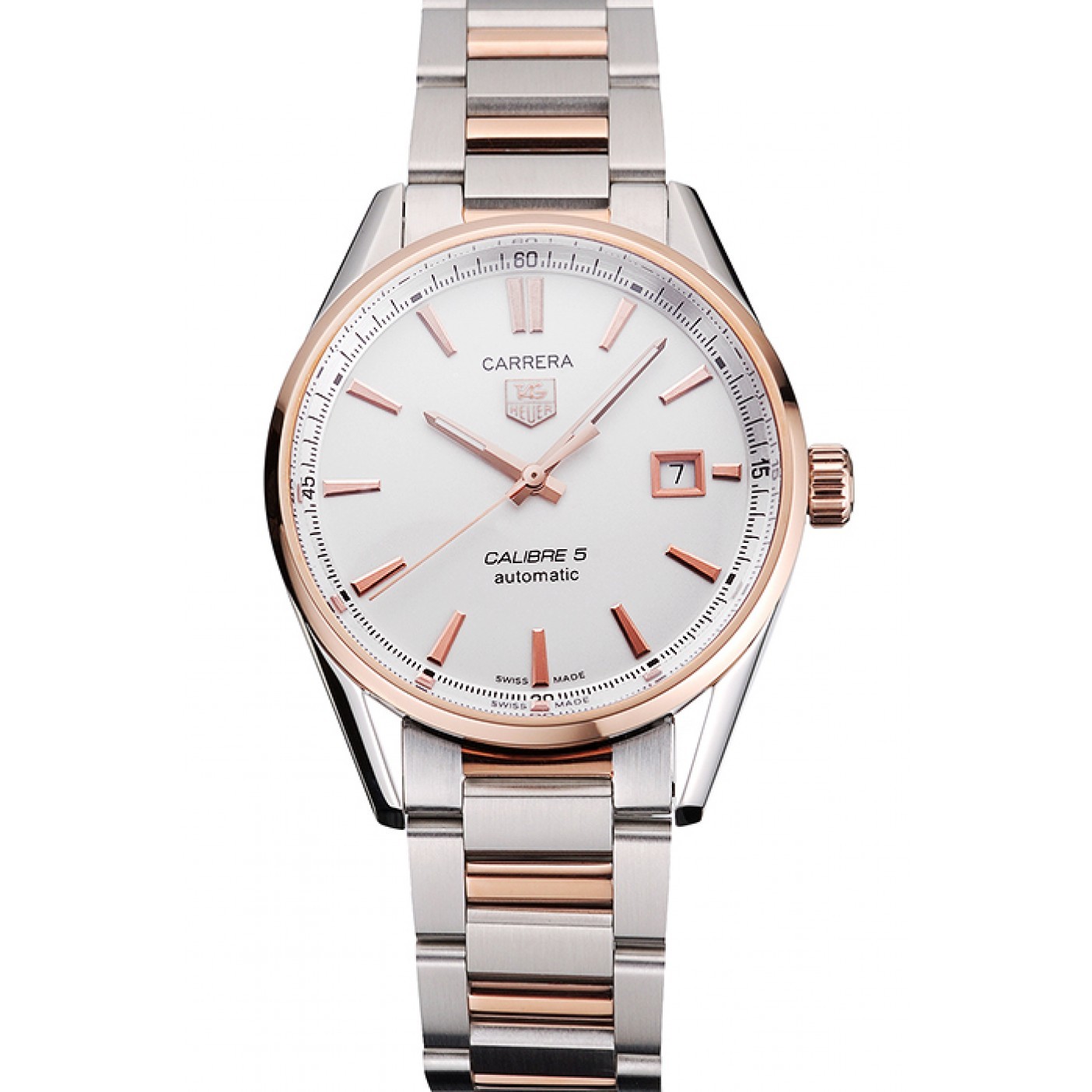 Swiss Tag Heuer Carrera Calibre 5 White Dial Rose Gold Case Two Tone Bracelet